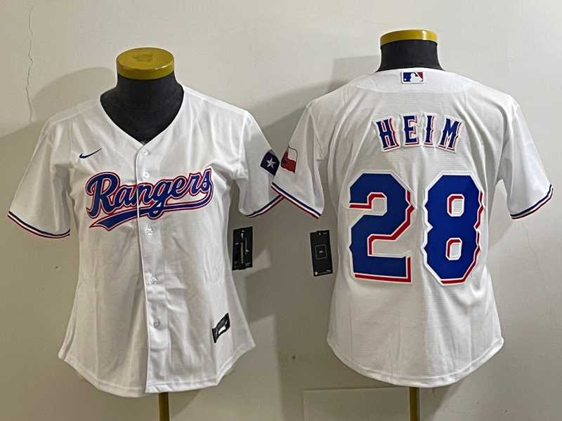 Women%27s Texas Rangers #28 Jonah Heim White 2023 World Series Champions Cool Base Jersey